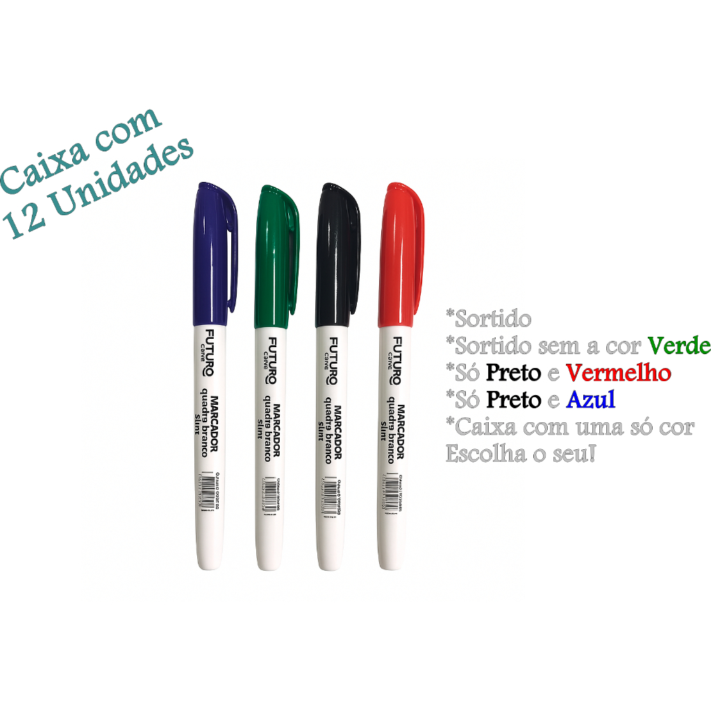 Caixa com 12 Caneta Marcador Quadro Branco Slim Pincel MQB Azul Verde Preto Vermelho Futuro Office em Oferta na Shopee