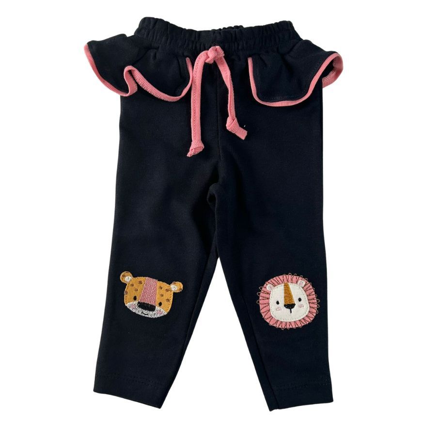 Calça bebê preto bordado leão e onça com saia