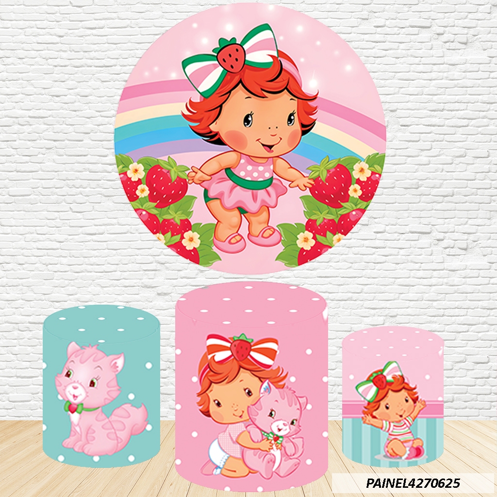 Kit de Capas Painel Redondo Sublimado Moranguinho 1,50M + Trio Capas de Cilindro C/Elástico em Oferta na Shopee