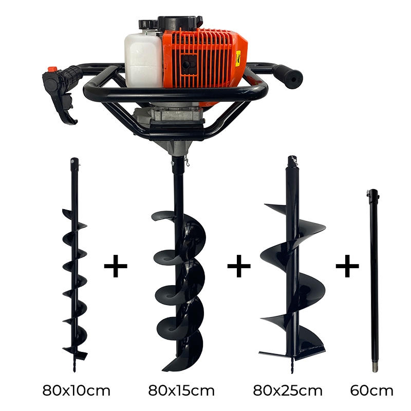 Perfurador de Solo A Gasolina 52cc 2,5HP com Brocas 80x10 + 80x15 + 80x25cm + Ext 60cm Carbon Fak