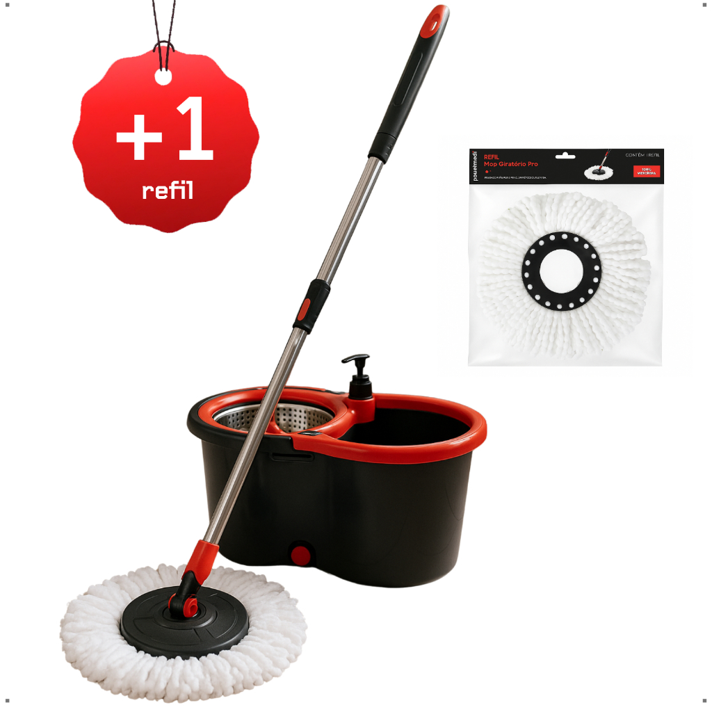 Mop Balde Spin Mob 360 Com 2 Refis De Esfregão E Dispenser