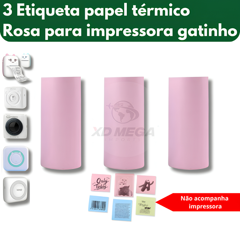 3 rolos etiqueta adesiva ROSA mini impressora gatinho Peripage térmico adesivo