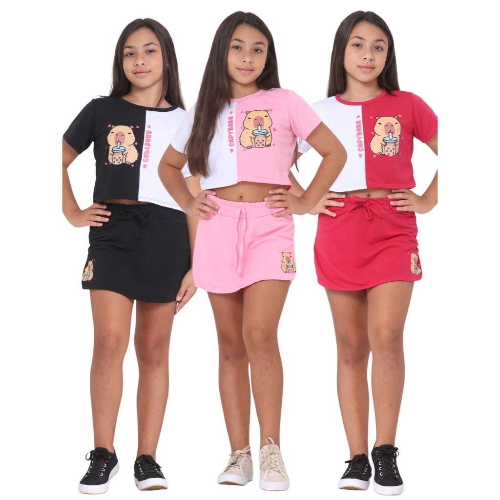 Kit 3 Conjunto Infantil Para Menina - Estampa Capivara Cropped e Short Saia 10 12 14 Moda Infantil Juvenil SHort Verao