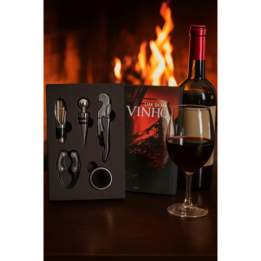 Kit Vinho 5 Peças Abridor Saca Rolhas Tampa Dosador Forma de Livro  Conjunto  vinho