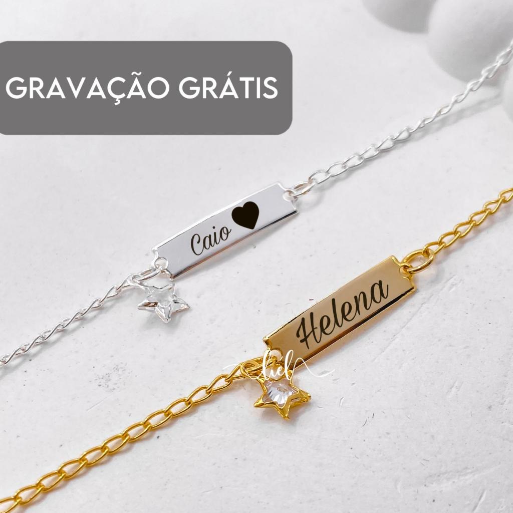 Pulseira Infantil Pingente De Estrela Bebê RN Personalizada Gravação Nome Banhada A Prata Ouro 18K