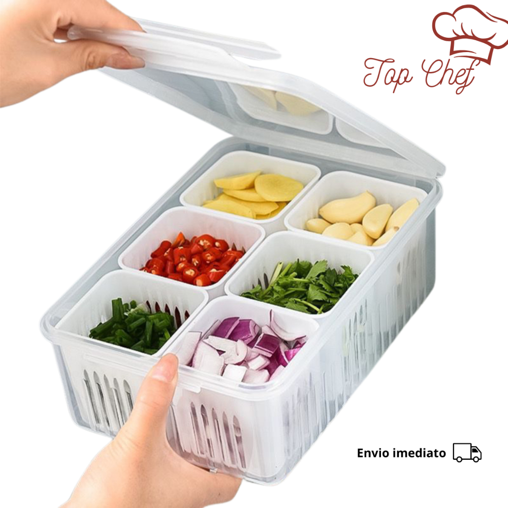 Organizador de Geladeira com Tampa e Divisórias — Acrílico com Cesto para Alimentos Legume...