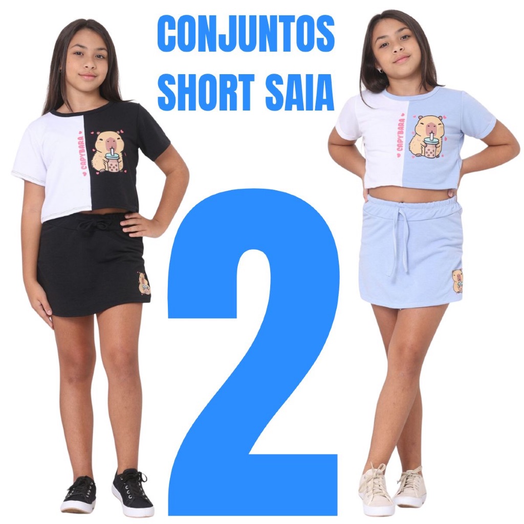 Kit 2 Conjunto Infantil Para Menina - Estampa Capivara Cropped e Short Saia 10 12 14 Moda Infantil Juvenil SHort Verao