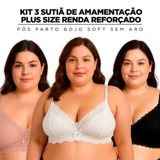 Kit3 Sutiã Amamentação Plus Size Bojo Soft, Sem Aro,  Alça Reforçada