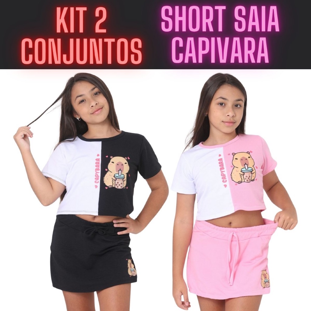 Kit 2 Conjunto Infantil Feminino - Estampa Capivara Cropped e Short Saia 10 12 14 Moda Infantil Juvenil SHort Rosa S