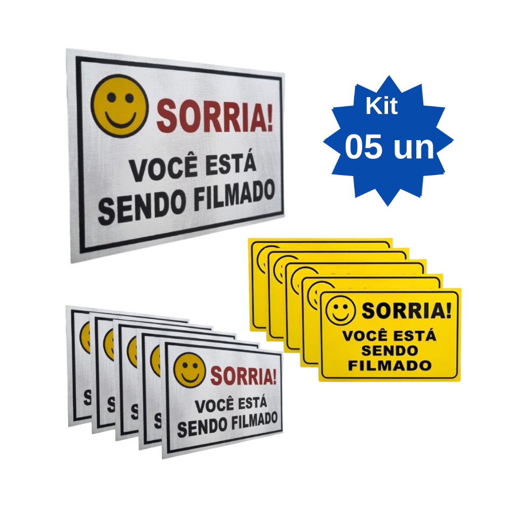 Kit 05 Placas Sorria Você Está Sendo Filmado 18x12 cm Alumínio