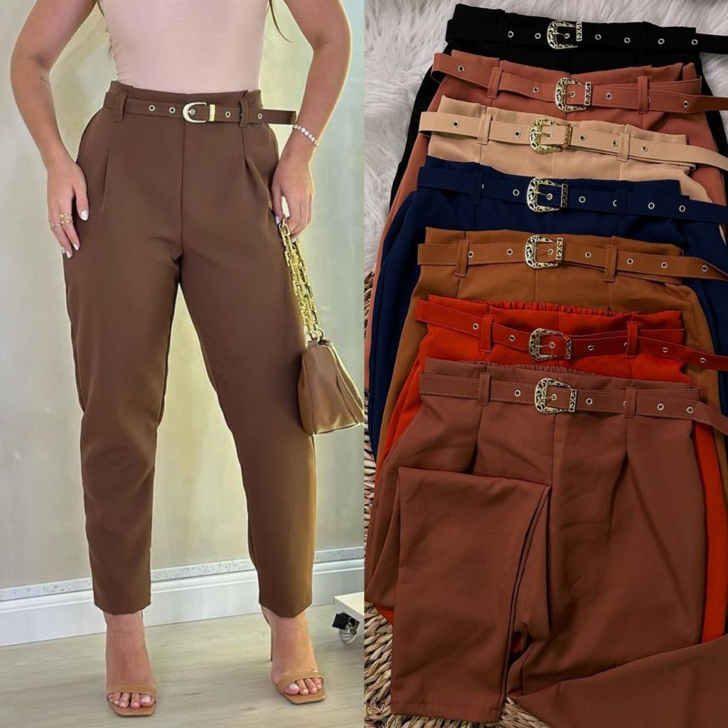 Calça Feminina Alfaiataria Cintura Alta Premium Com Cinto e Elástico Elegante e Confortáve...