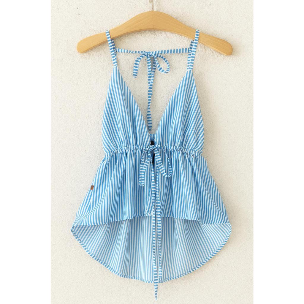 Cropped Regata Feminina Casual Listrada com Pescoço em Halter e Amarração Nas Costas Crope...