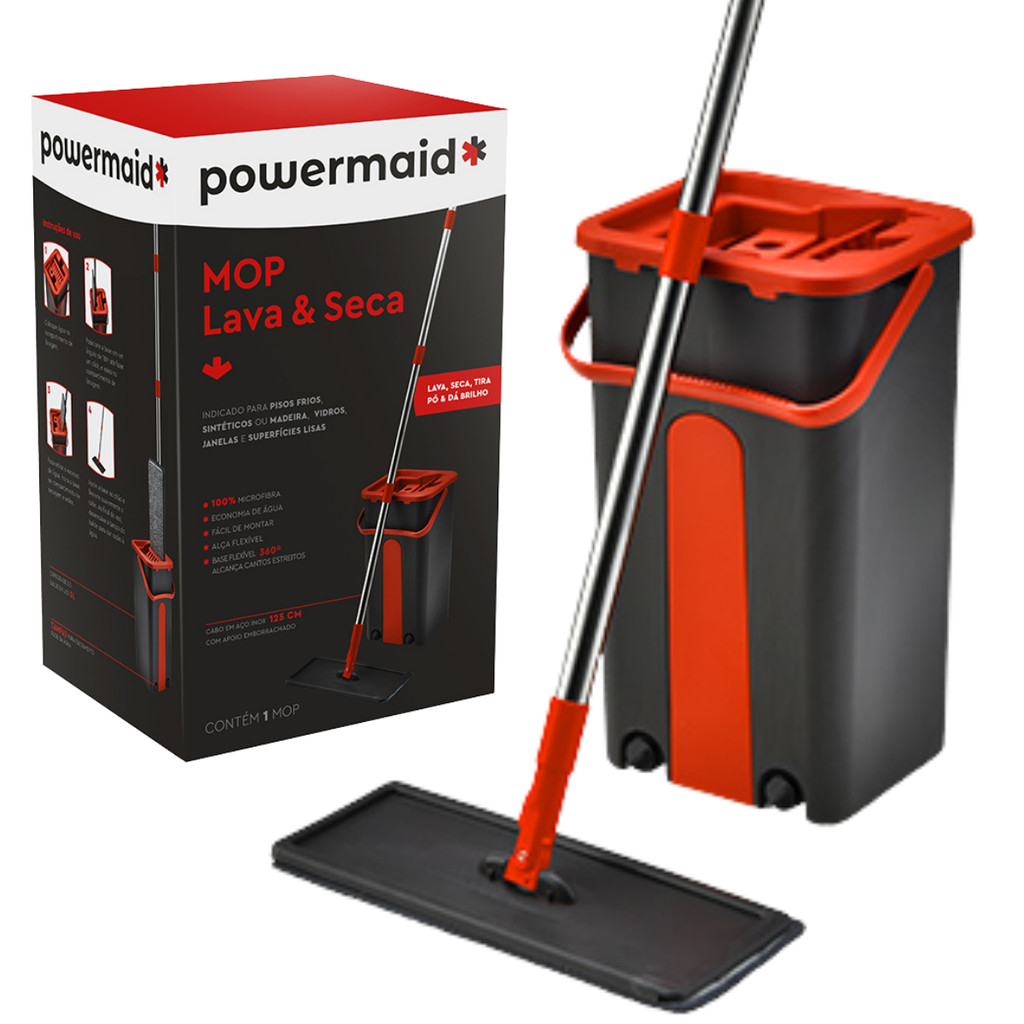 Kit Mop Lava e Seca Powermaid Flat 5L – Balde + Cabo Inox + Refil Microfibra