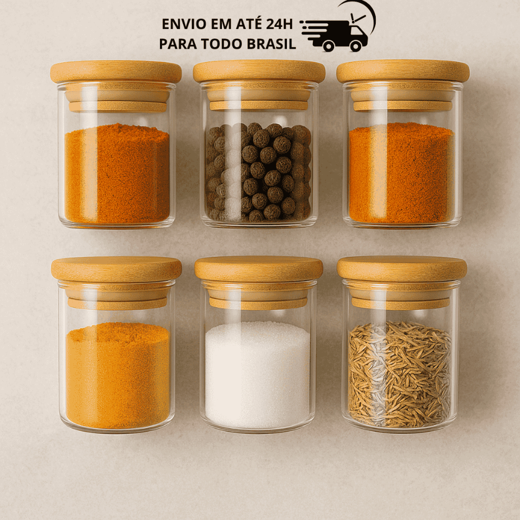 Kit 6 Potes de Vidro 200ml com Tampa de Bambu Hermético Mantimentos Condimentos Empilhavei...