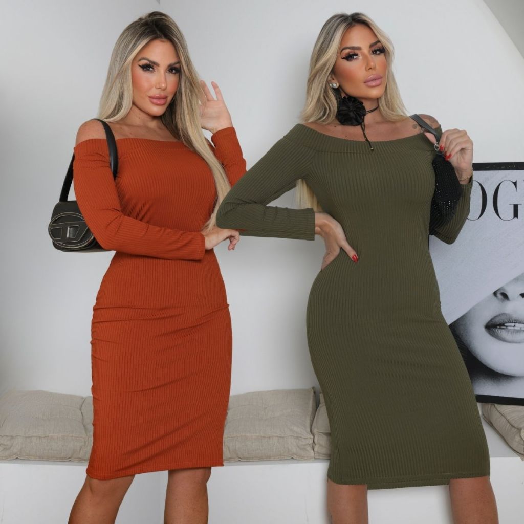 Vestido Midi Ombro a Ombro Inverno Gola Canoa Canelado Premium Manga Longa Decote  Modelador