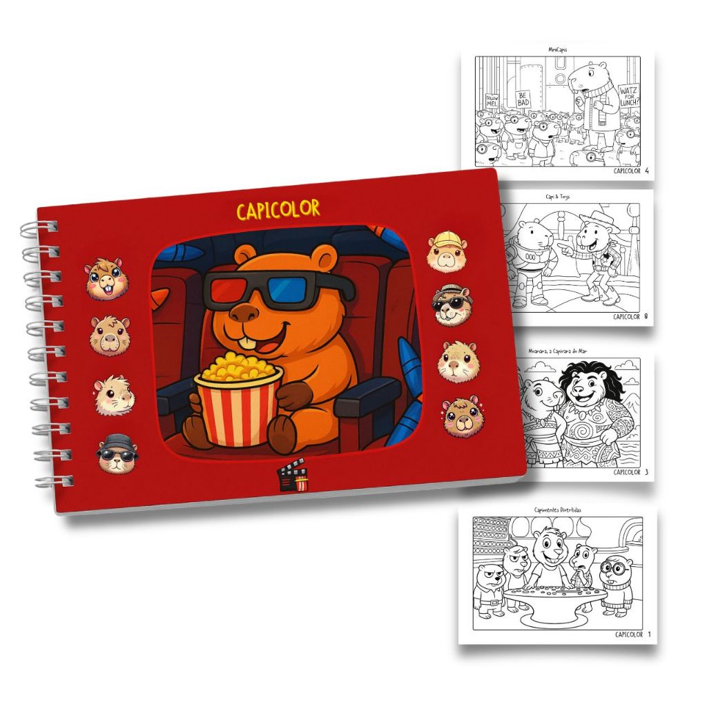 Livro de Colorir Capivaras no Cinema Capicolor 50 Páginas 180g Capa Holográfica Folha de Acetato