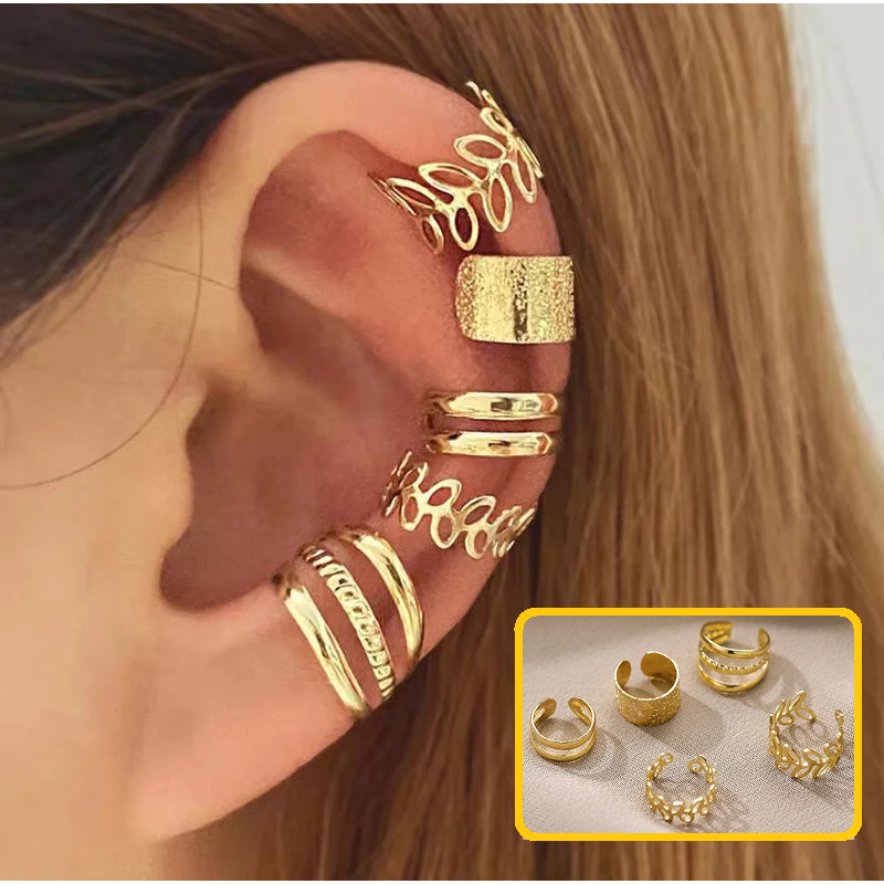 Conjunto de 5 Brincos Clipe de osso de orelha em forma de C, folha. Elegante, sem furos para orelhas em Oferta na Shopee