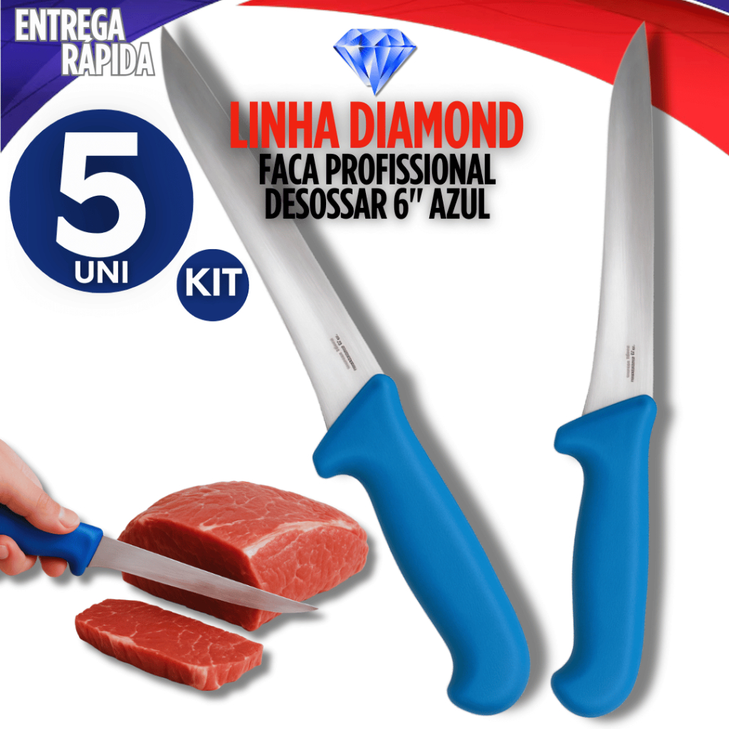Combo 5 Faca De Desossar Aço Inox Profissional Azul