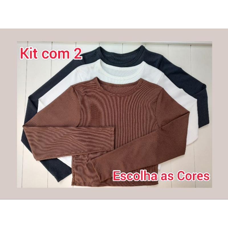 Blusa Blogueira Cropped Feminina - Kit com 2 ou individual Manga Longa Canelada Gola Redonda Inverno