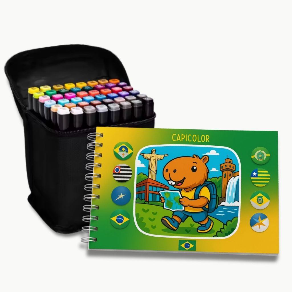 Kit Livro Capicolor Brasil + 48 Canetinhas Coloridas Brasil Culturais Desenhos Exclusivos Capivara