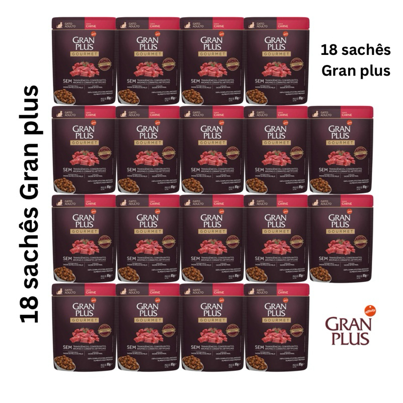 Sachês Gran Plus Kit com 18 sachês Gourmet Carne 85g – Combo Econômico, Sabor Superior e Nutrição Completa