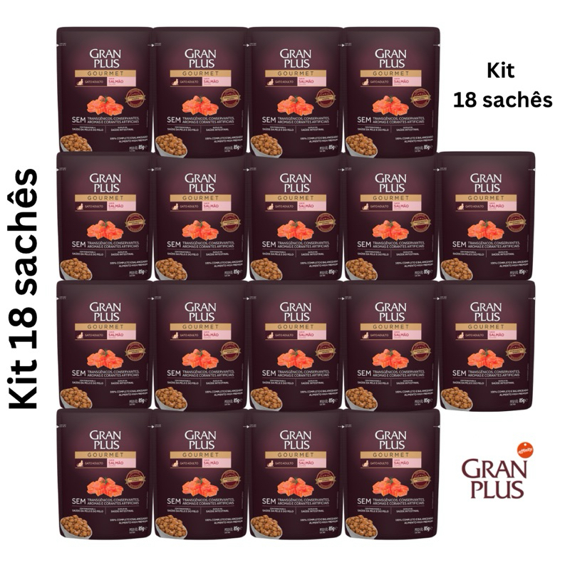 Sachês Gran Plus Kit com 18 Gourmet Salmão 85g – Sabor Irresistível, Nutrição Premium e Preço Imbatível