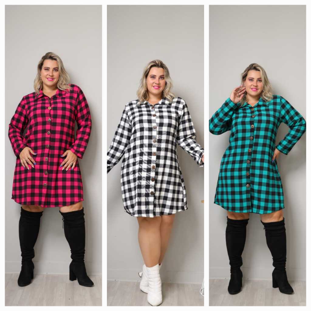 VESTIDO CHEMISE FEMININO PLUS SIZE XADRES MANGA LONGA ELEGANTE G1 G2