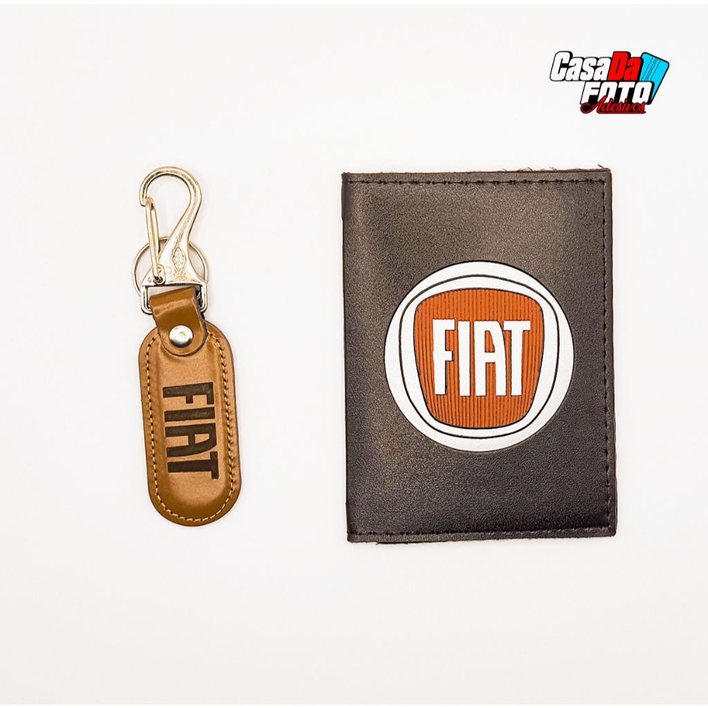 Kit Carteira Porta Documentos Fiat + Chaveiro de Couro Sintético com engate mosquetão e argola de Metal