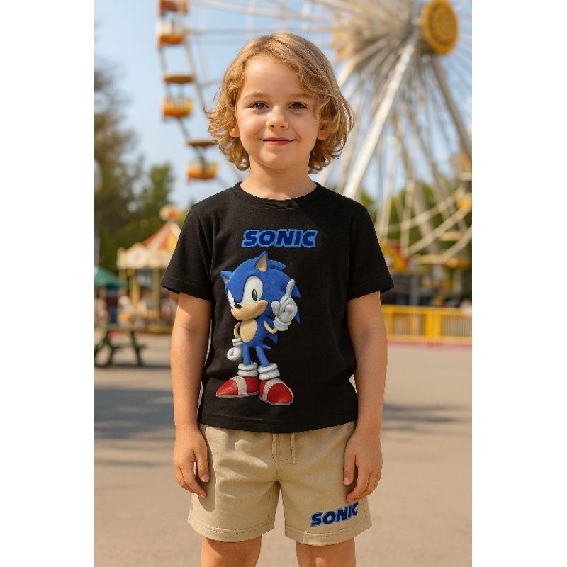 Conjunto infantil Menino Sonic do 2 ao 16 camiseta algodão Premium + bermuda moletom com bolso básico casual verão