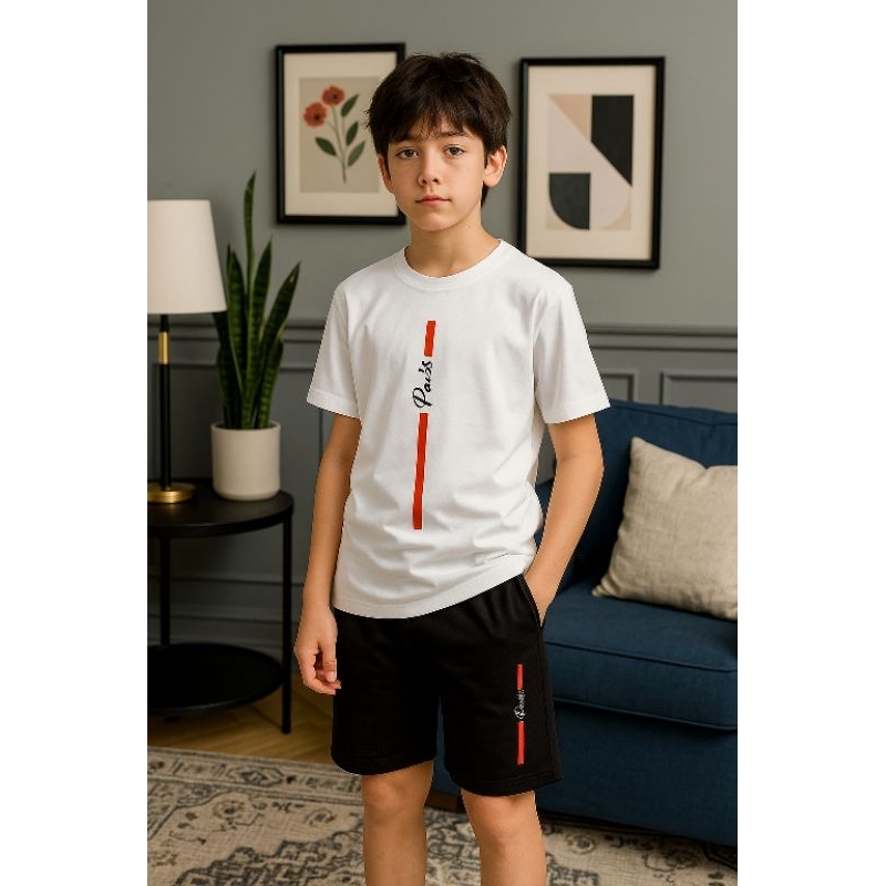 conjunto infanto juvenil de menino com camiseta 100% algodão e bermuda de moletom menino verão Paris