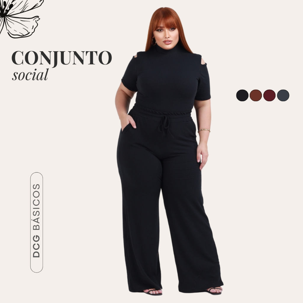 Conjunto Plus Size Calça Pantalona  Wide Leg e Blusa Casual
