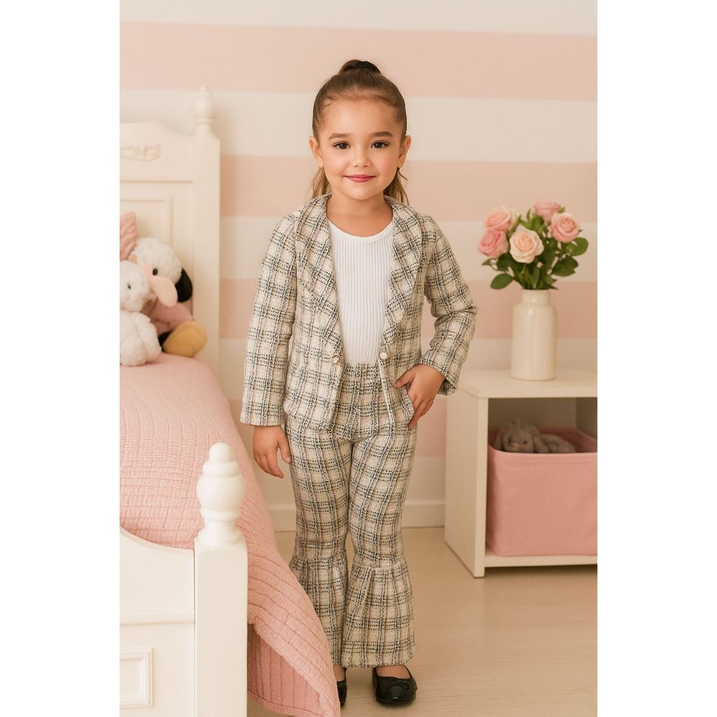 Conjunto Infantil Tweed Inverno Frio Blazer + Calça e Blusa Branca