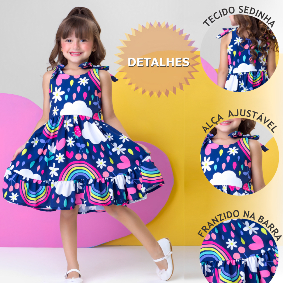 Vestido Infantil Menina Floral Colorido Estampas Coloridas e Lisas 04 a 12 anos