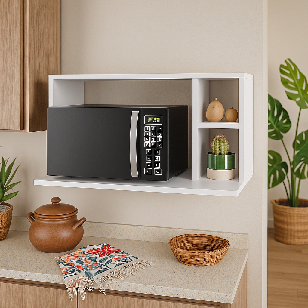 Armário Suporte de Micro-ondas e Forno Elétrico com Nicho Decorativo – Organizador de Cozinha Multiuso