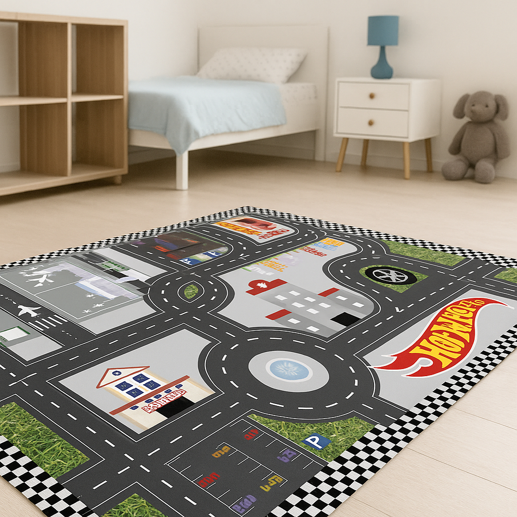 Tapete Hot Wheels Cidade Grande 160x77cm – Dobrável, Lavável e com 3 Carrinhos