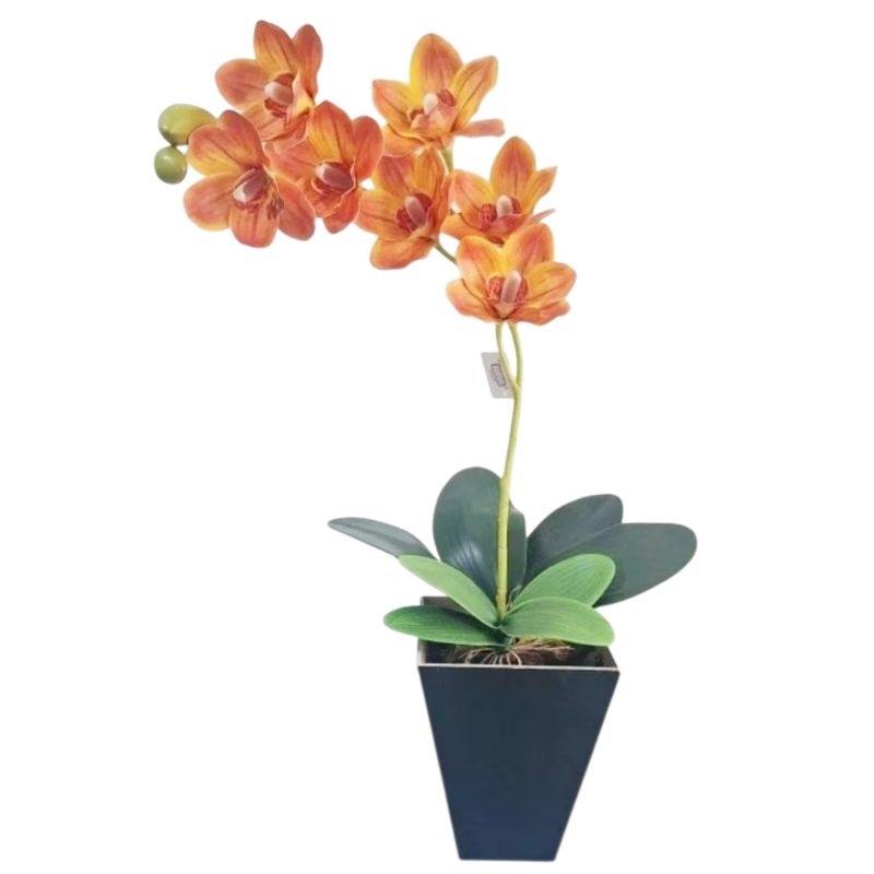 Arranjo de Flores Orquídeas 3D Silicone Realista Decorativa Artificial Vaso Preto