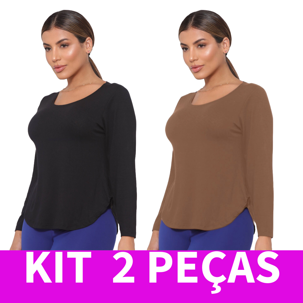 Kit 2 Blusa Feminina Manga Longa Tapa Bumbum Frio Sobre Legging Academia Mullet em Oferta na Shopee