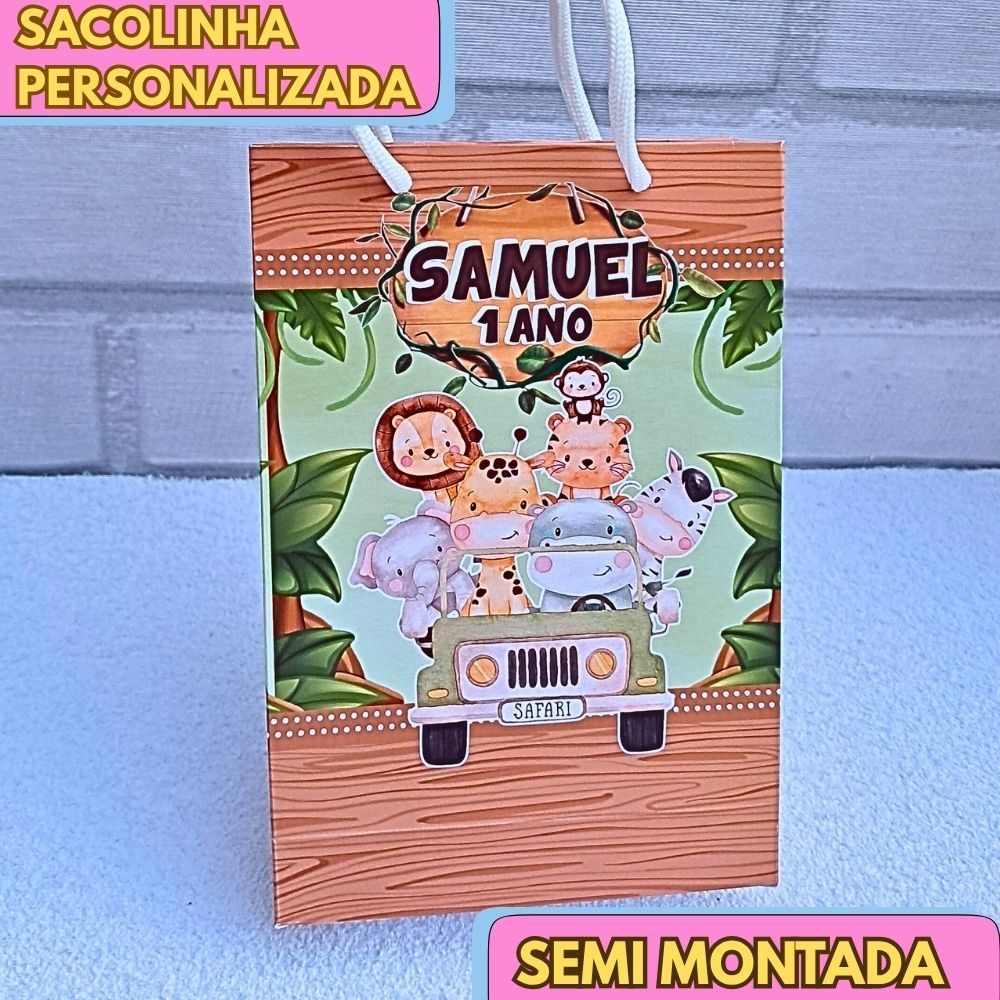 20 Sacolinha Personalizada SAFARI BABY - JÁ VAI MONTADA lembrancinha aniversário
