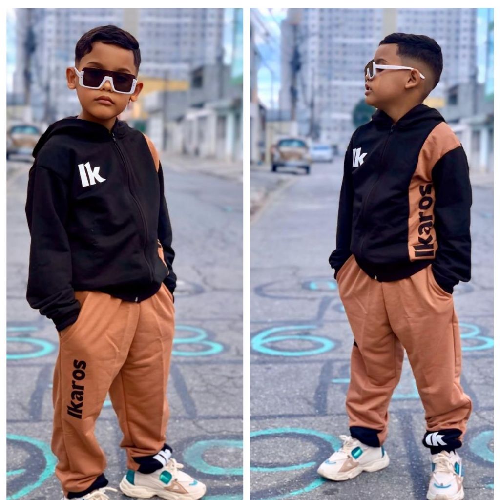 Conjunto Agasalho De Frio Inverno Menino Infanto Juvenil Casaco e Calça Marrom Estiloso Flanelado Quentinho Confortável
