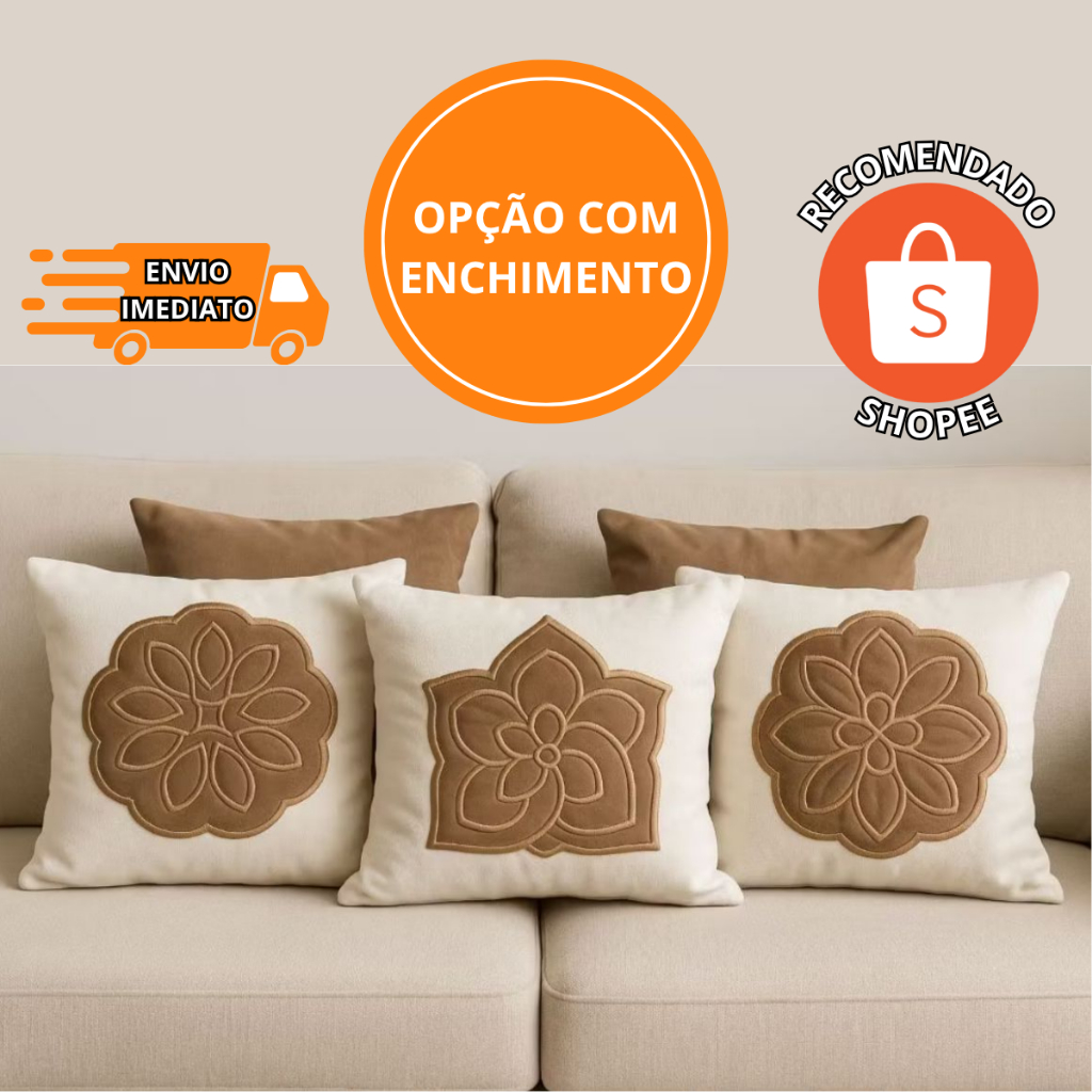 KIT 5 ALMOFADAS DECORATIVAS LUXO | 3 BORDADAS EM BOUCLÉ + 2 LISAS EM SUEDE | COM OU SEM ENCHIMENTO | 45x45 em Oferta na Shopee