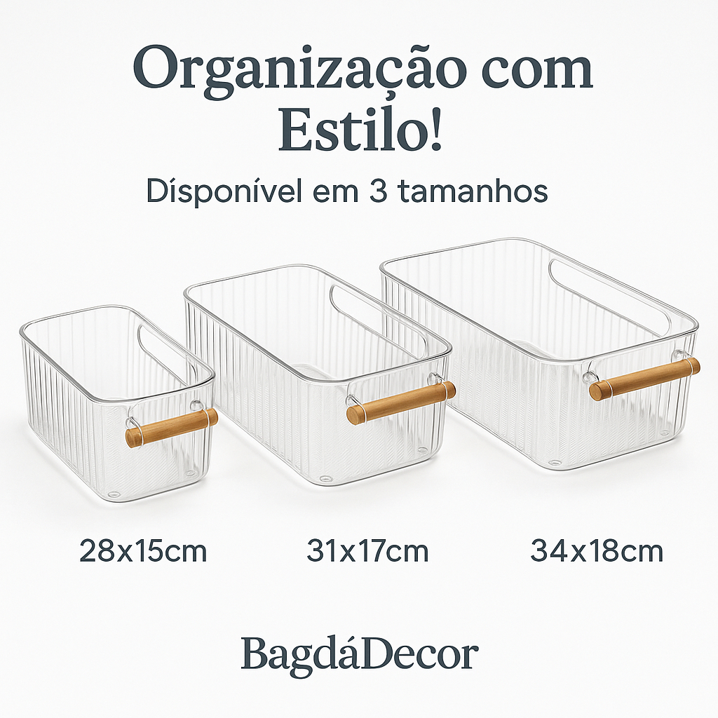 Cesto Organizador Acrílico com Alça de Bambu 🧺 3 Tamanhos – Cozinha, Banheiro, Multiuso em Oferta na Shopee