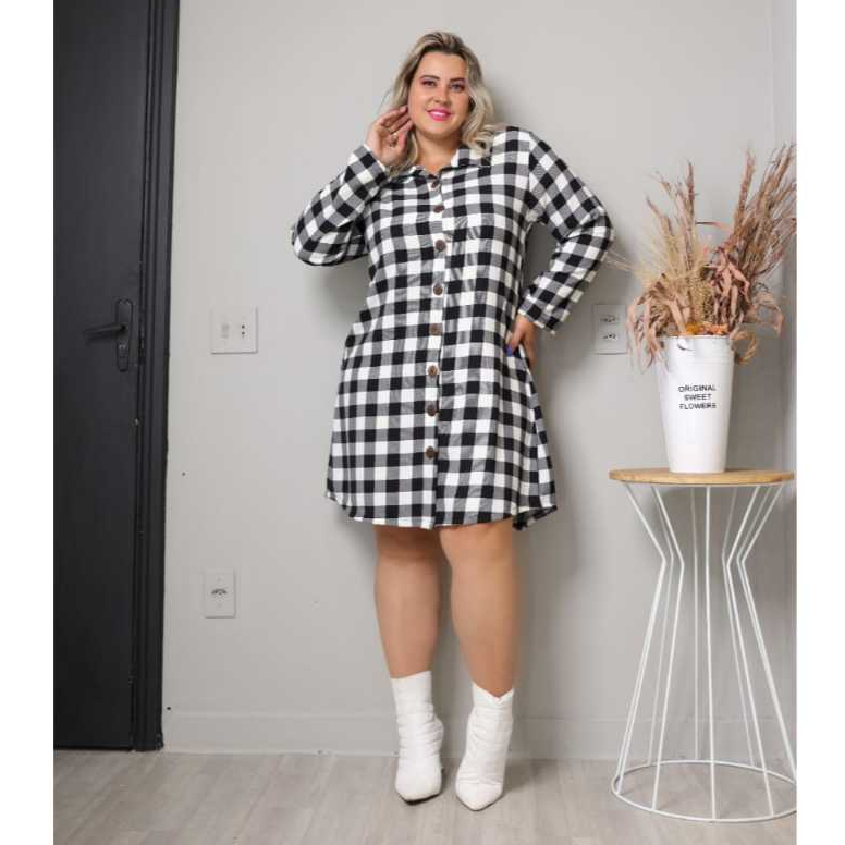 VESTIDO XADRES PLUS SIZE FEMININO ESTILO CAMISA MANGA LONGA TEM G1 G2 G3