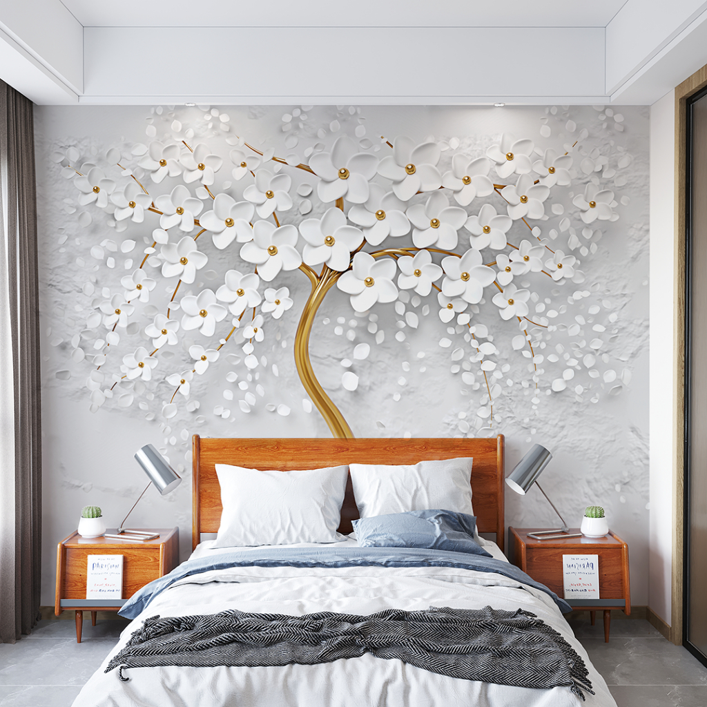 Papel de Parede Adesivo Autocolante Árvore Floral Design 3D Decorar Quarto e Sala