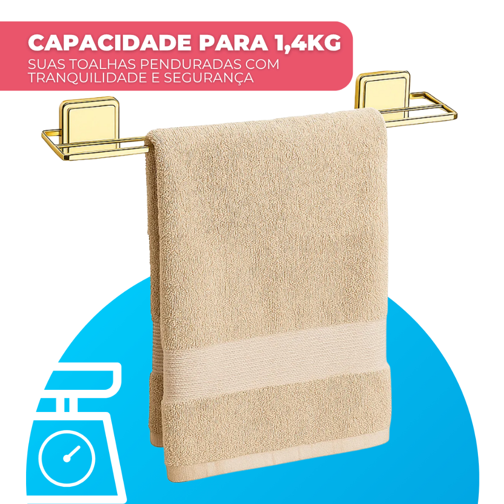Suporte Porta Toalha Banheiro Toalheiro Duplo Fixação Com Adesivo Dupla Face 45cm Dourado Future