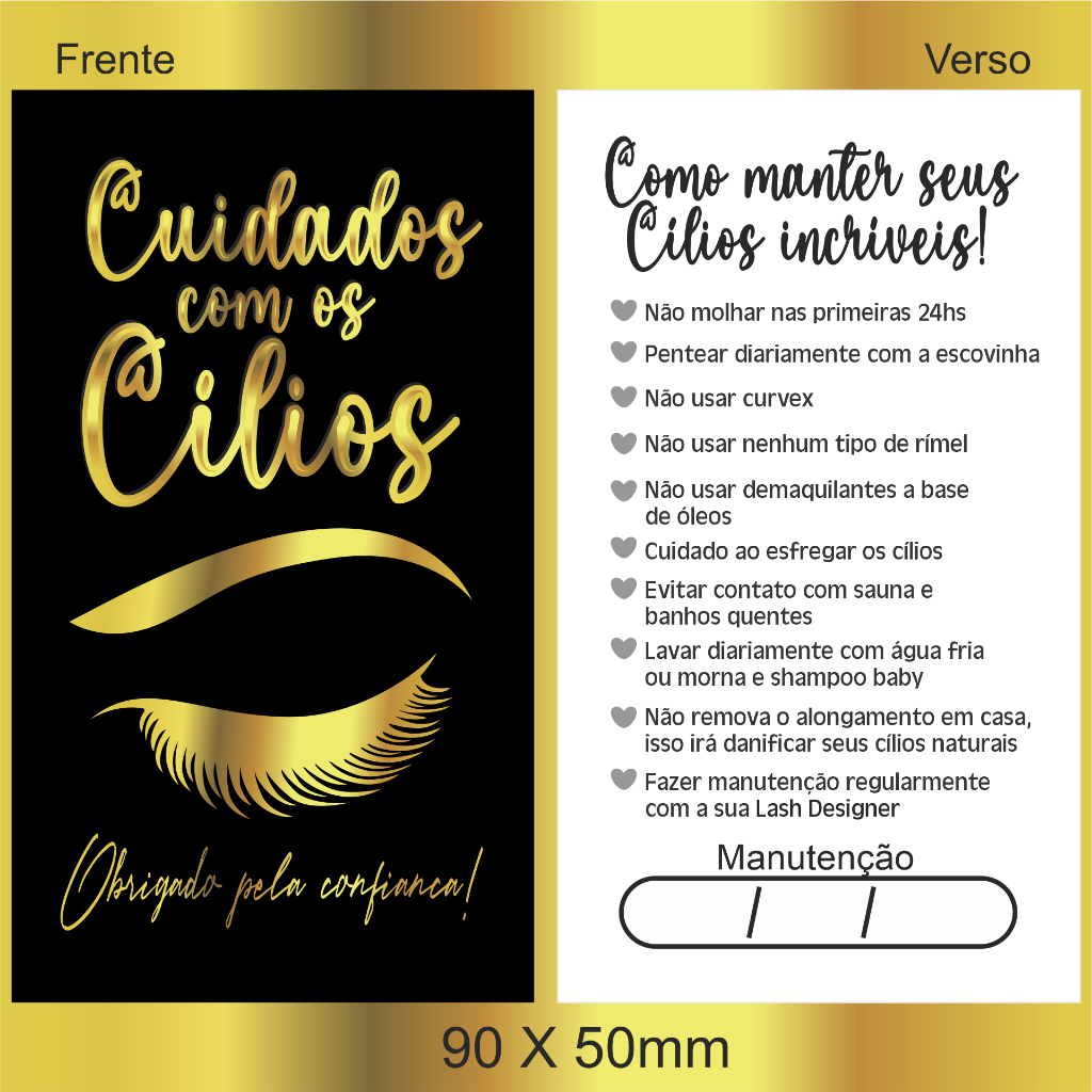 110 Cartões - Tag Cuidados Alongamento, extensão de Cílios