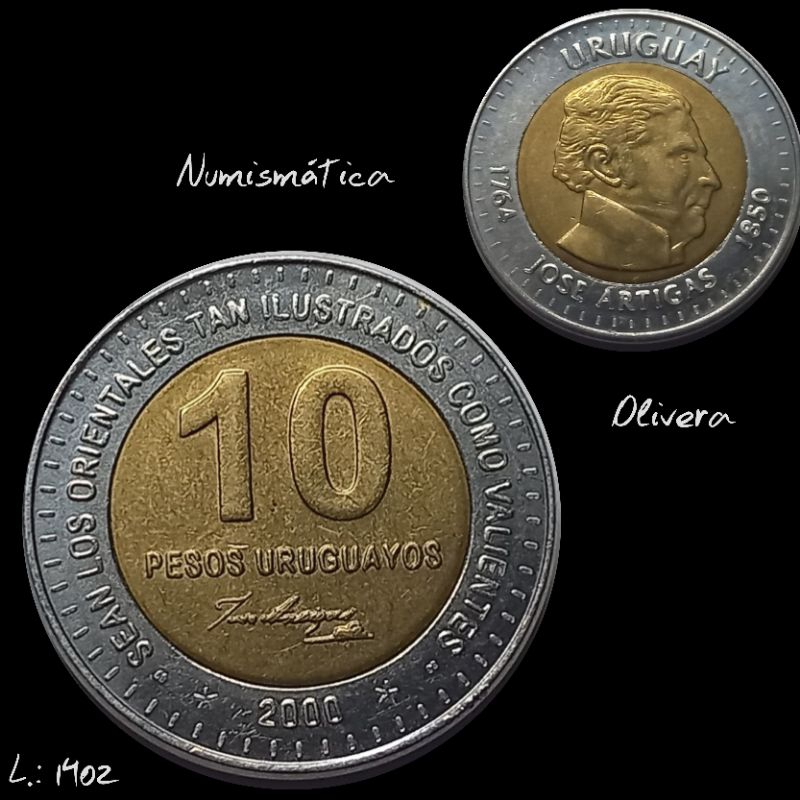 L.: 0199 - Moeda antiga Uruguai 10 pesos 2000.