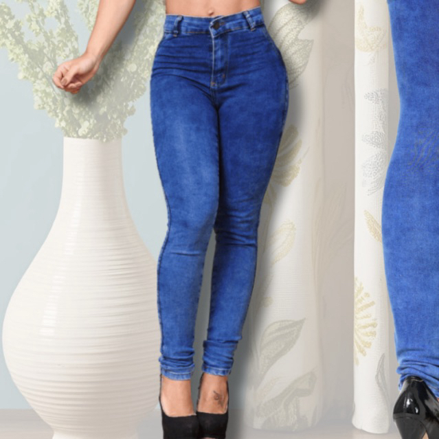 Calça Jeans Feminina Skinny Azul Marmorizada Com Lycra Empina Bumbum Cintura Alta Carnavak