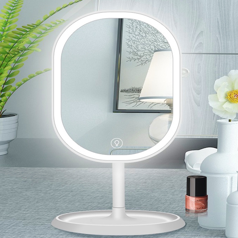 Espelho de Mesa Rosa ou Branco c/ Luz LED - USB Recarregável - 3 brilhos - Botão Touch - Maquiagem