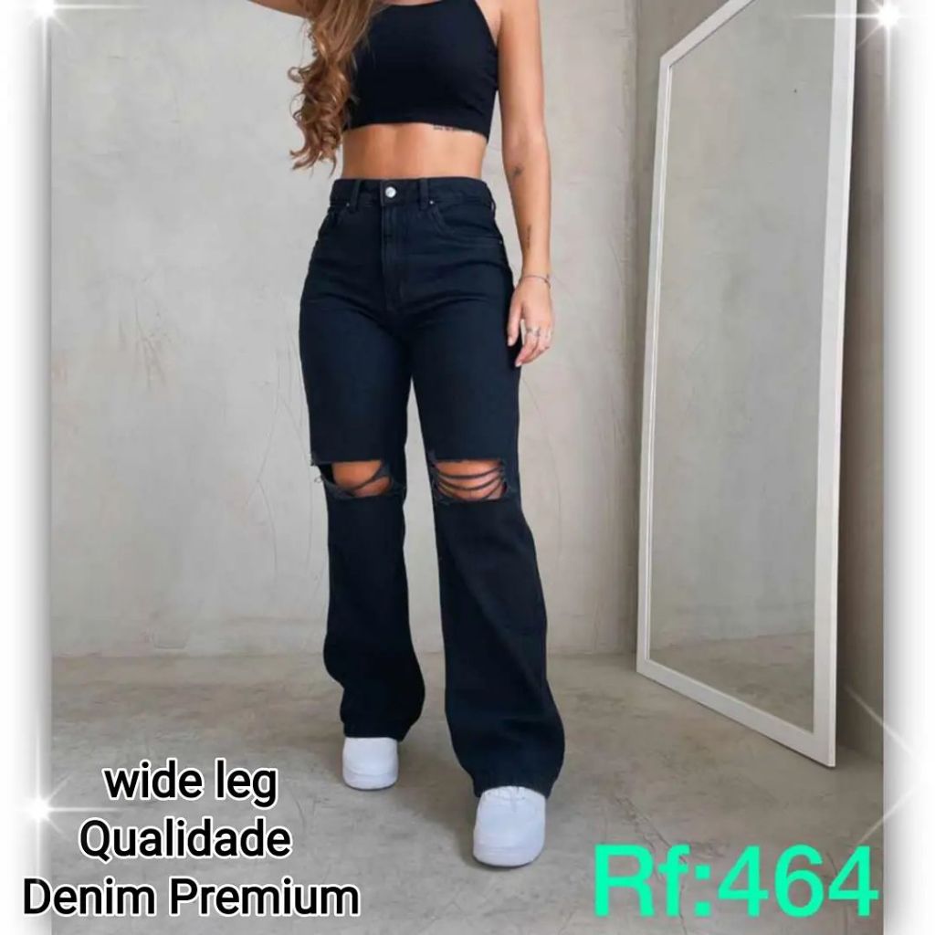 Wide leg jeans Black rasgo, qualidade Premium, cintura alta, veste bem. em Oferta na Shopee