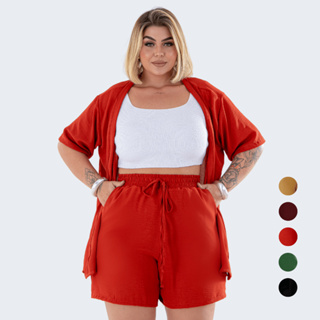 Conjunto Feminino Plus Size Kimono Cardigan e Short  Moda Casual em Oferta na Shopee